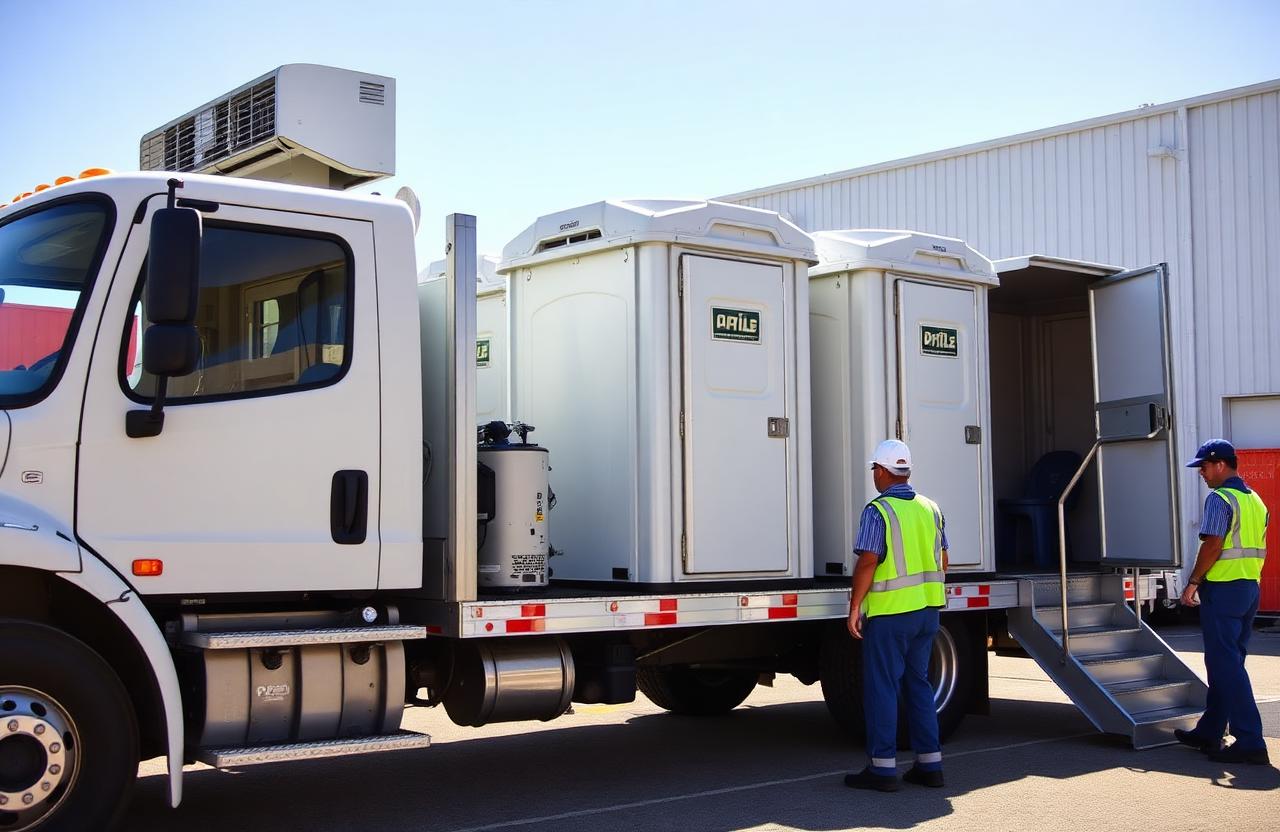 QuickHold delivery truck unloading portable restrooms